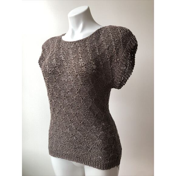 CUPIO Grey Sheer Mesh Loose Knit Short Sleeve Sheer Sweater Small - Picture 2 of 6
